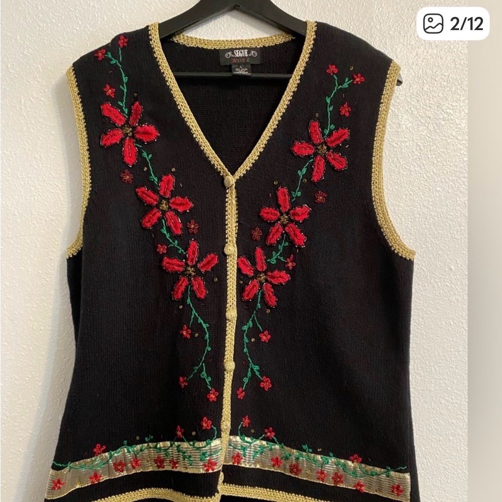 Vtg Segue Noel Vest sz XL Christmas sweater, Beaded, Embroidered Festive b2-25